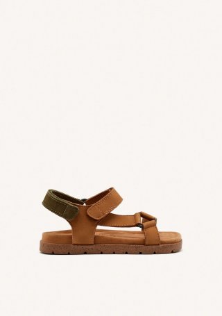 SANDALIAS COLOR CUERO DE PIEL CON ACENTOS EN CAQUI PARA NIÑO Y NIÑA DEPOE - CUERO
